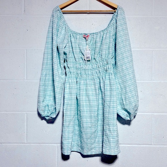 LEYDEN chambray smock elastic high waist balloon offshoulder gingham dress green - Picture 7 of 12